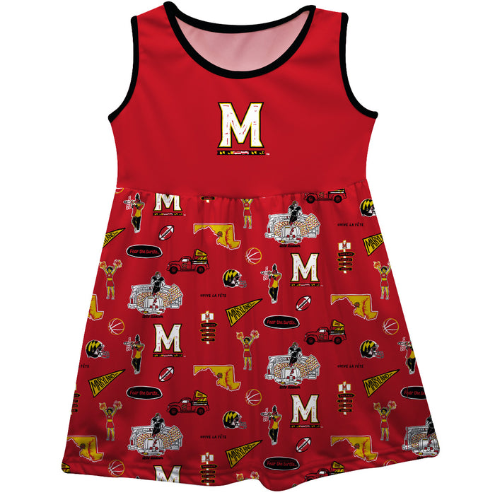 University of Maryland Terrapins Sleeveless Tank Dress Girls Red Repeat Print Hand Sketched Vive La Fete Impressions