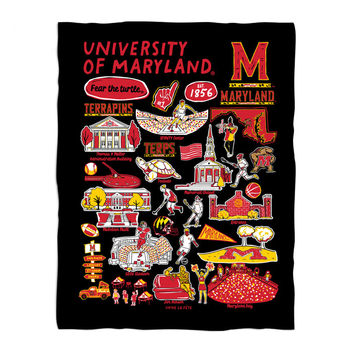 University of Maryland Terrapins Black Hand Sketched Vive La Fete Impressions Artwork Plush Soft Minky Blanket 36 x 48