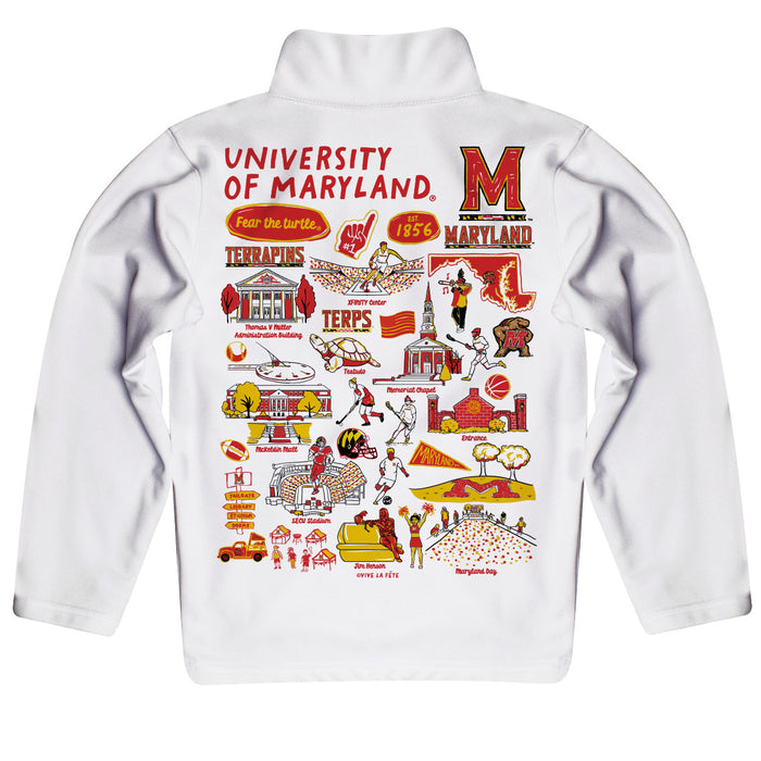 University of Maryland Terrapins Hand Sketched Vive La Fete Impressions Artwork White Boys Quarter Zip Pullover V1