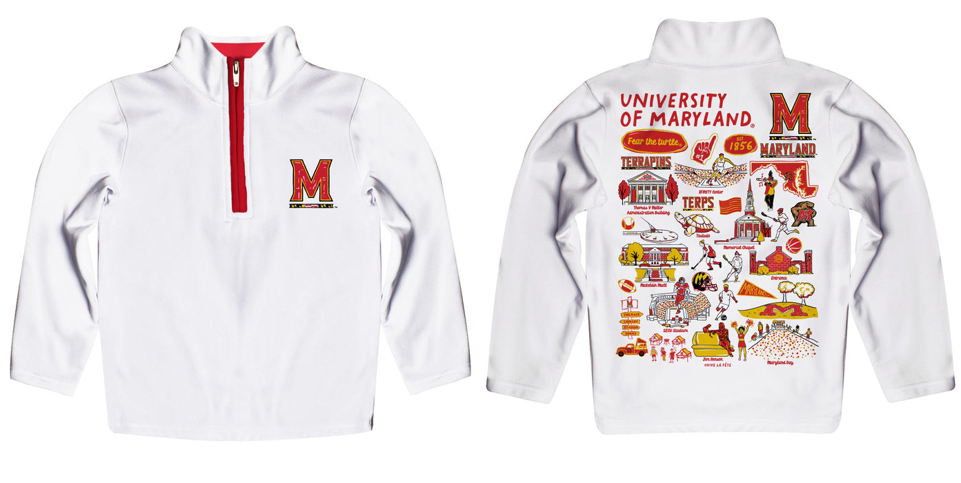 University of Maryland Terrapins Hand Sketched Vive La Fete Impressions Artwork White Boys Quarter Zip Pullover V1