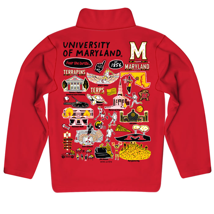 University of Maryland Terrapins Hand Sketched Vive La Fete Impressions Artwork Red Boys Quarter Zip Pullover V1