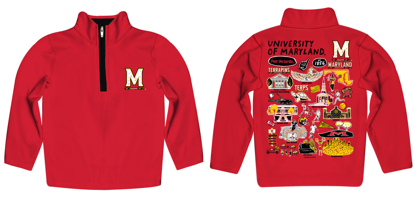 University of Maryland Terrapins Hand Sketched Vive La Fete Impressions Artwork Red Boys Quarter Zip Pullover V1