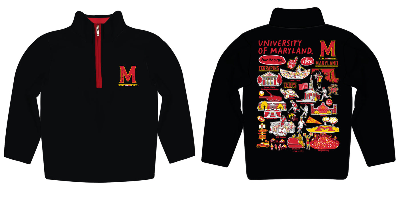 University of Maryland Terrapins Hand Sketched Vive La Fete Impressions Artwork Black Boys Quarter Zip Pullover V1