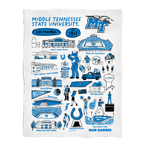 MTSU Blue Raiders White Hand Sketched Vive La Fete Impressions Artwork Plush Soft Minky Blanket 36 x 48