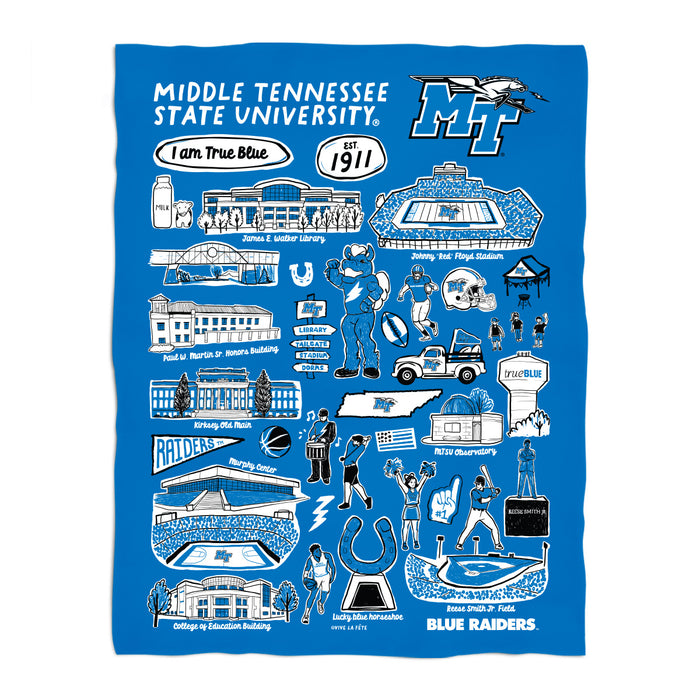 MTSU Blue Raiders Blue Hand Sketched Vive La Fete Impressions Artwork Plush Soft Minky Blanket 36 x 48