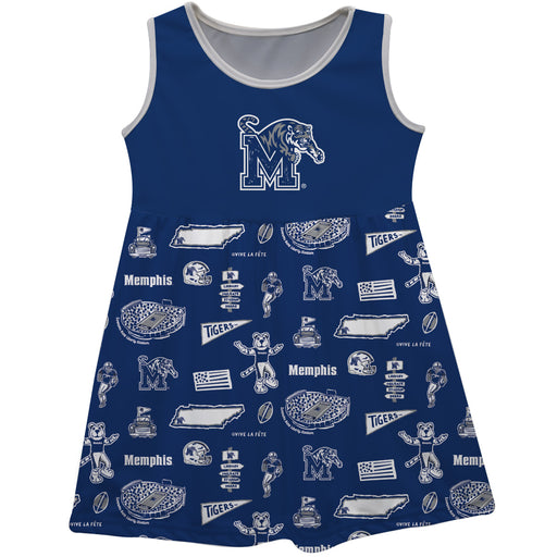 Memphis Tigers Sleeveless Tank Dress Girls Blue Logo and Repeat Print Hand Sketched Vive La Fete Impressions Artwork