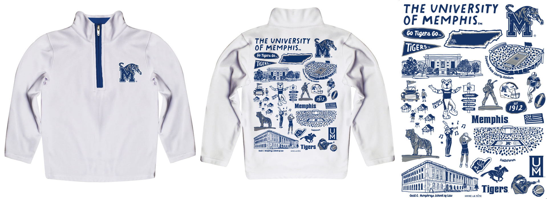 Memphis Tigers Hand Sketched Vive La Fete Impressions Artwork  White Boys Quarter Zip Pullover V1