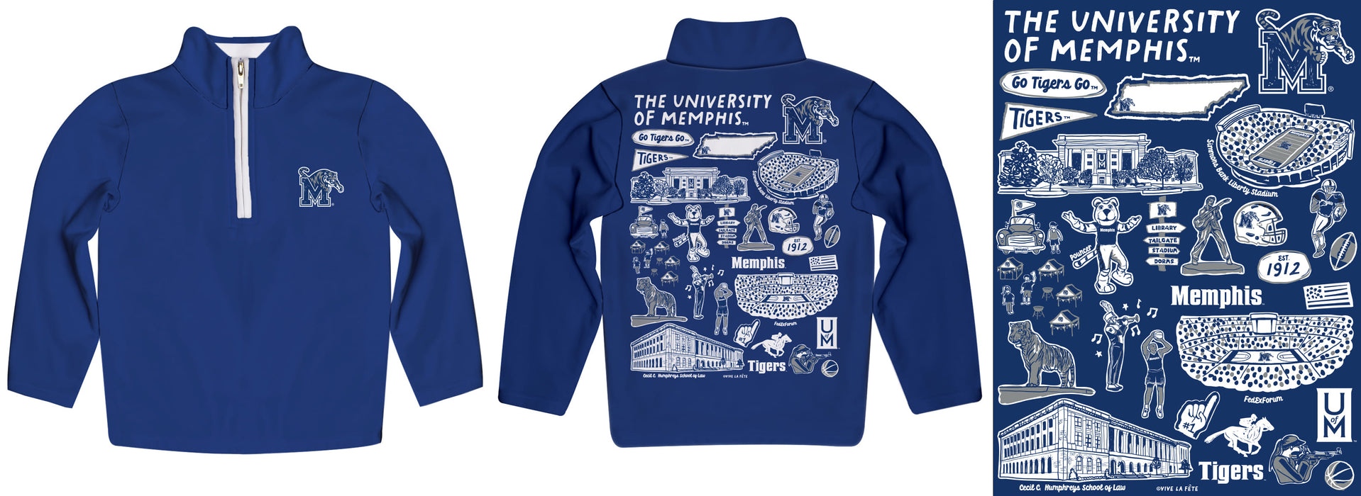 Memphis Tigers Hand Sketched Vive La Fete Impressions Artwork  Blue Boys Quarter Zip Pullover V1