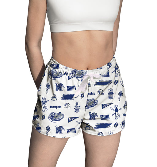 Memphis Tigers Repeat Print Hand Sketched Vive La Fete Impressions Artwork Womens White Lounge Shorts