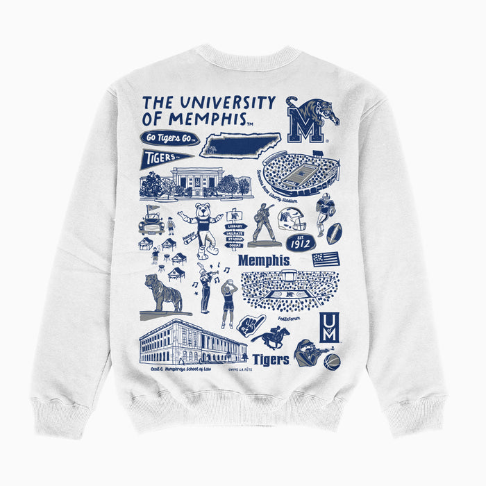 Memphis Tigers Hand Sketched Impressions Artwork White Crewneck Sweatshirt for Women