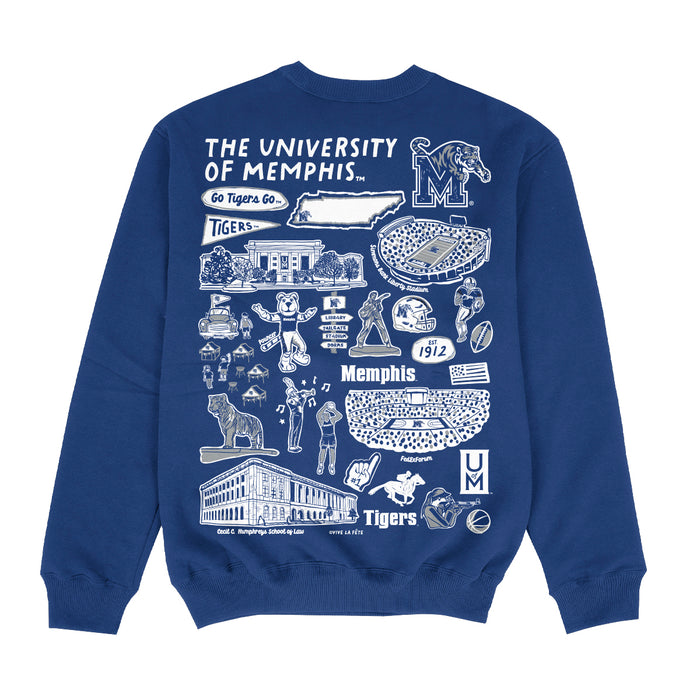 Memphis Tigers Hand Sketched Impressions Artwork Blue Crewneck Sweatshirt for Women