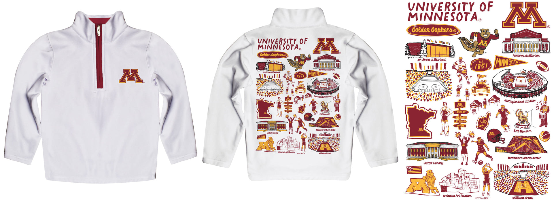 Minnesota Golden Gophers Hand Sketched Vive La Fete Impressions Artwork White Boys Quarter Zip Pullover V1