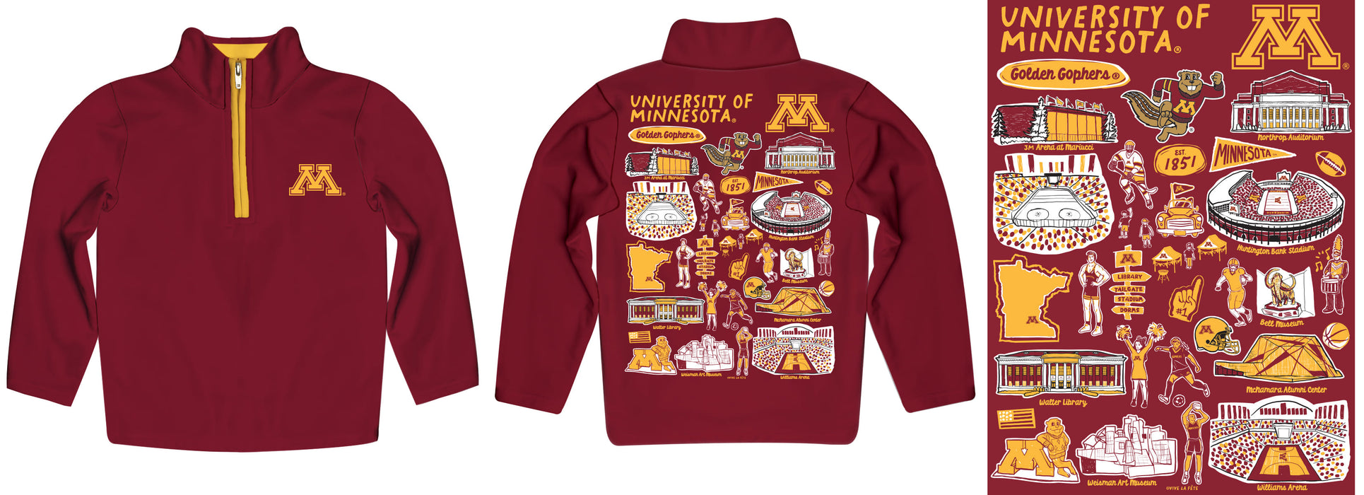 Minnesota Golden Gophers Hand Sketched Vive La Fete Impressions Artwork Maroon Boys Quarter Zip Pullover V1