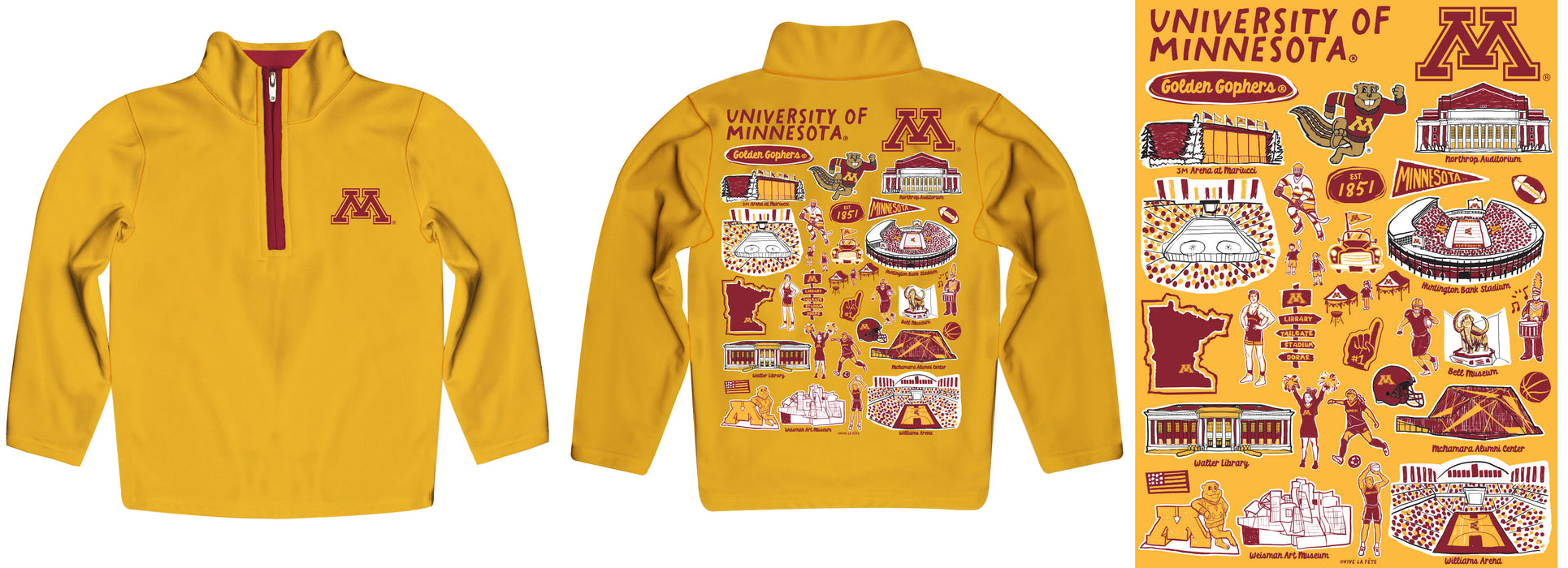 Minnesota Golden Gophers Hand Sketched Vive La Fete Impressions Artwork Gold Boys Quarter Zip Pullover V1