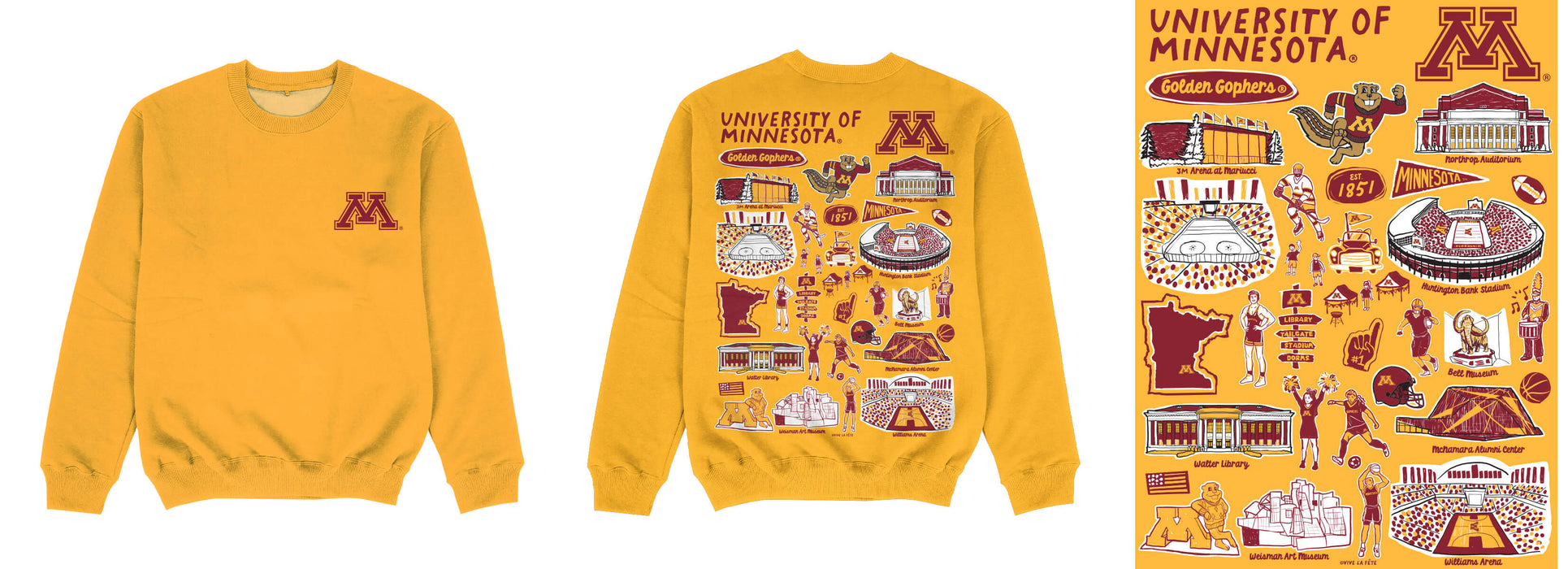 Minnesota Golden Gophers Hand Sketched Impressions Artwork Gold Crewneck Sweatshirt for Women