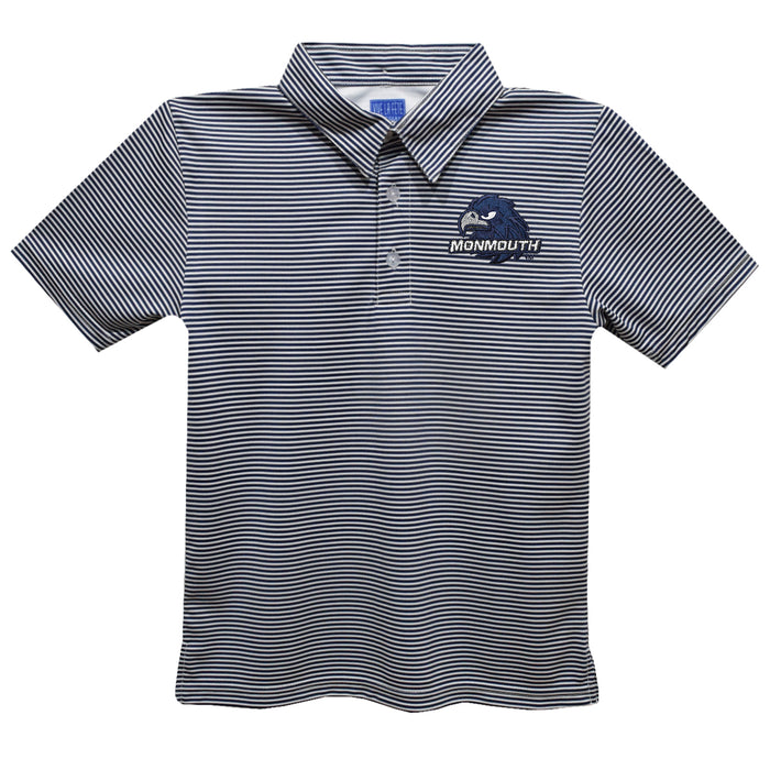 Monmouth Hawks Embroidered Navy Stripes Short Sleeve Polo Box Shirt