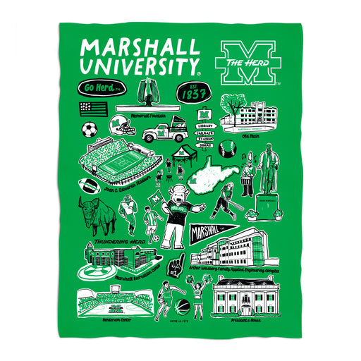 Marshall University Thundering Herd Green Hand Sketched Vive La Fete Impressions Artwork Plush Soft Minky Blanket 36x48