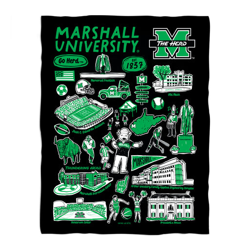 Marshall University Thundering Herd Black Hand Sketched Vive La Fete Impressions Artwork Plush Soft Minky Blanket 36x48