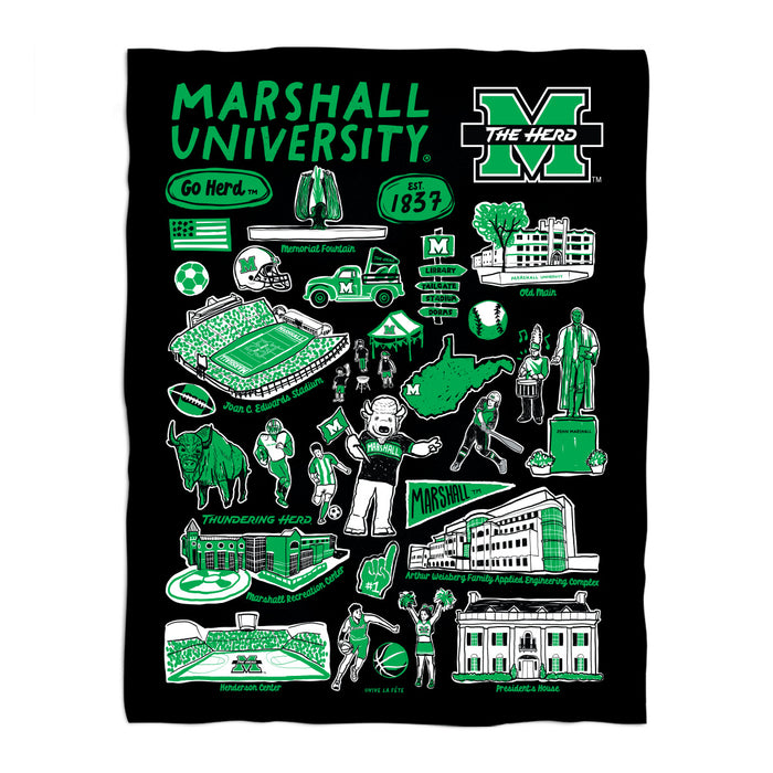 Marshall University Thundering Herd Black Hand Sketched Vive La Fete Impressions Artwork Plush Soft Minky Blanket 36x48