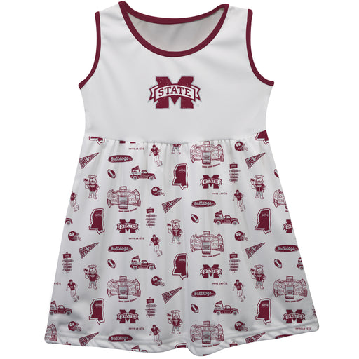 Mississippi State Bulldogs Sleeveless Tank Dress Girls White Repeat Print Hand Sketched Vive La Fete Impressions