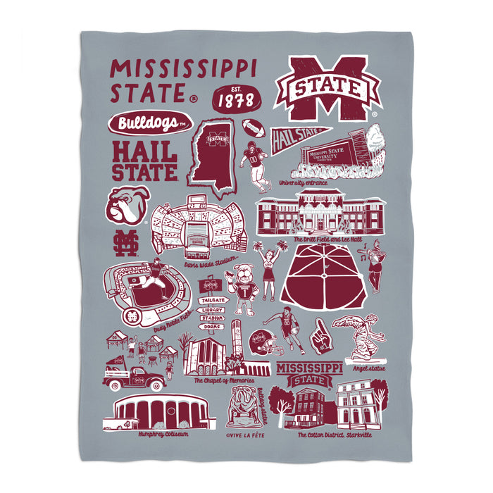 Mississippi State Bulldogs Gray Hand Sketched Vive La Fete Impressions Artwork Plush Soft Minky Blanket 36 x 48