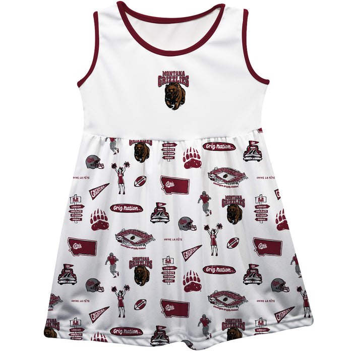 University of Montana Grizzlies Sleeveless Tank Dress Girls White Repeat Print Hand Sketched Vive La Fete Impressions