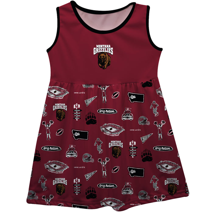 University of Montana Grizzlies Sleeveless Tank Dress Girls Maroon Repeat Print Hand Sketched Vive La Fete Impressions