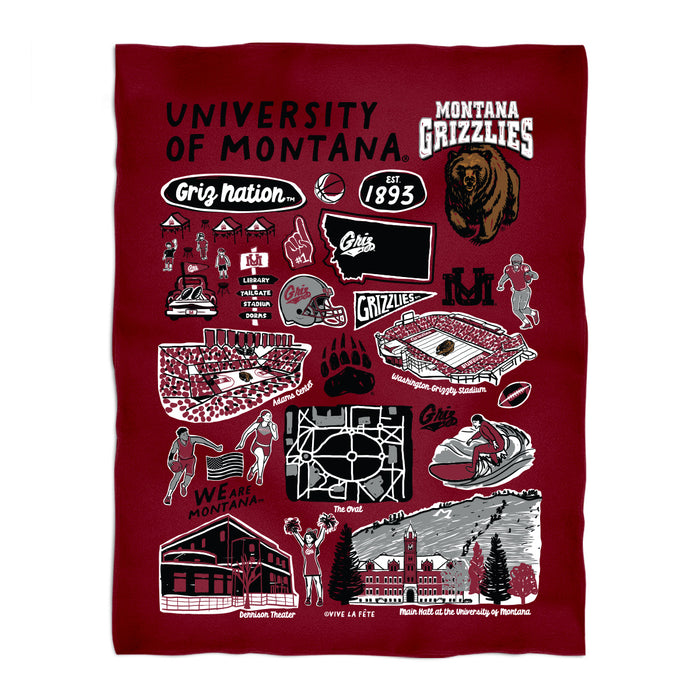 University of Montana Grizzlies Maroon Hand Sketched Vive La Fete Impressions Artwork Plush Soft Minky Blanket 36 x 48