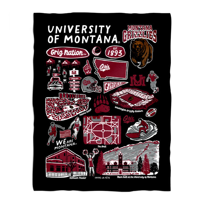 University of Montana Grizzlies Black Hand Sketched Vive La Fete Impressions Artwork Plush Soft Minky Blanket 36 x 48