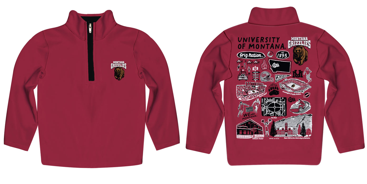 University of Montana Grizzlies Hand Sketched Vive La Fete Impressions Artwork Maroon Boys Quarter Zip Pullover V1