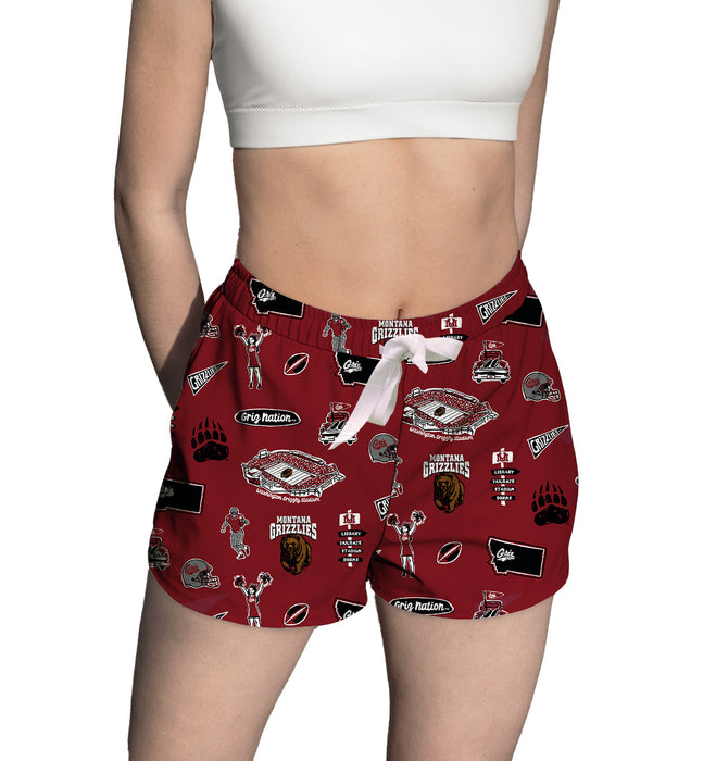 University of Montana Grizzlies Repeat Print Hand Sketched Vive La Fete Impressions Artwork Womens Maroon Lounge Shorts