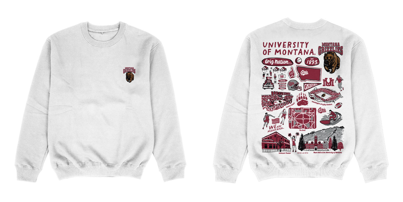 University of Montana Grizzlies Hand Sketched Impressions Artwork White Crewneck Sweatshirt for Women