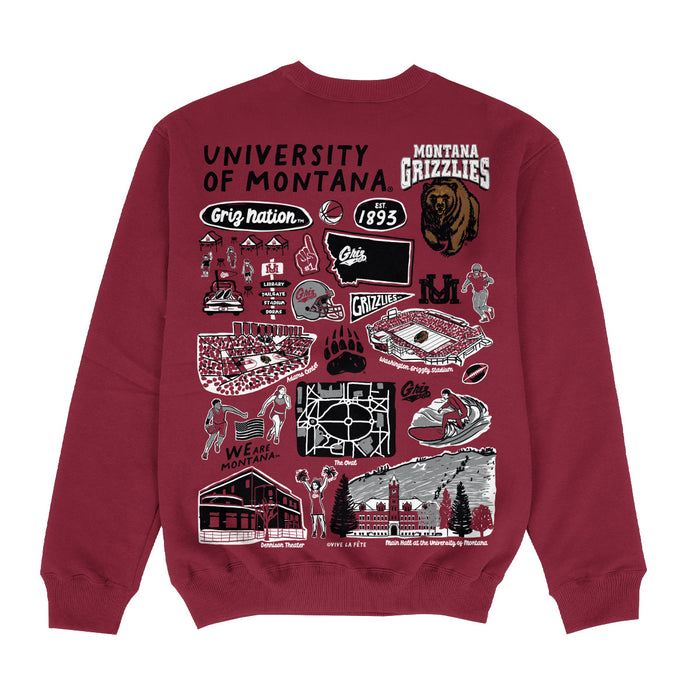 University of Montana Grizzlies Hand Sketched Impressions Artwork Maroon Crewneck Sweatshirt for Women