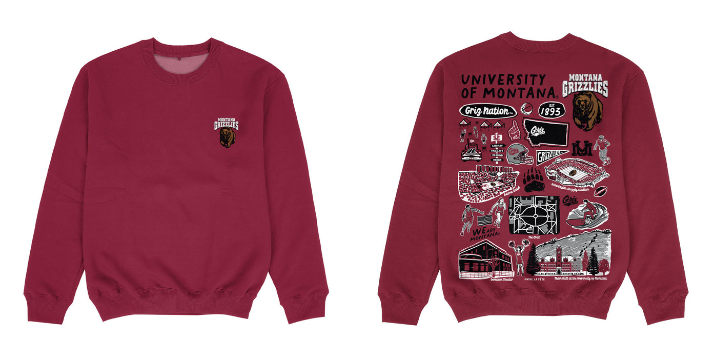 University of Montana Grizzlies Hand Sketched Impressions Artwork Maroon Crewneck Sweatshirt for Women