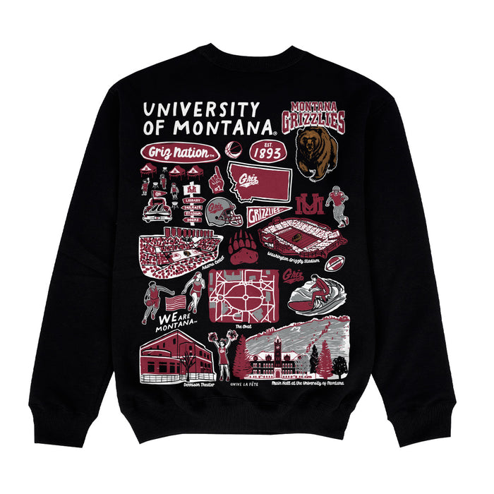 University of Montana Grizzlies Hand Sketched Impressions Artwork Black Crewneck Sweatshirt for Women