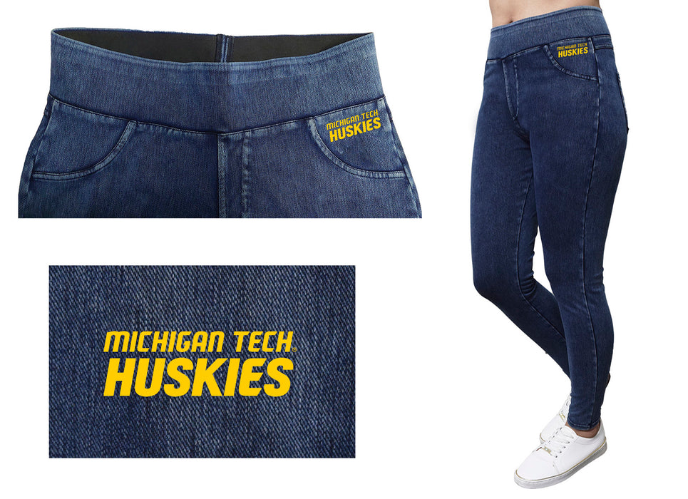 Michigan Tech Huskies MTU Vive La Fete Game Day Collegiate Logo on Fake Pocket Women Gold Jeggings