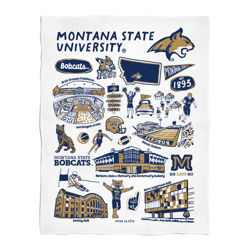 Montana State Bobcats MSU White Hand Sketched Vive La Fete Impressions Artwork Plush Soft Minky Blanket 36 x 48