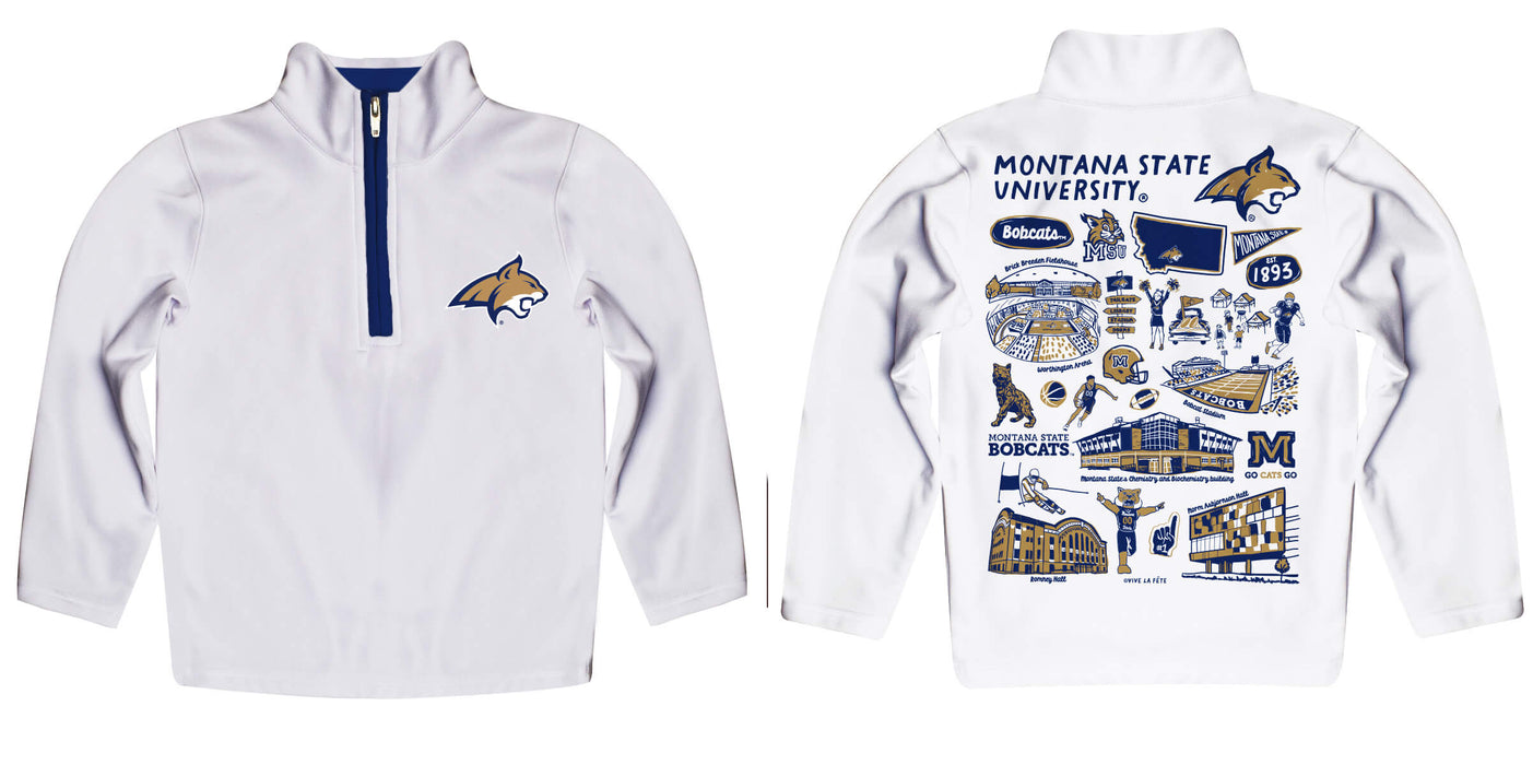 Montana State Bobcats MSU Hand Sketched Vive La Fete Impressions Artwork  White Boys Quarter Zip Pullover V1