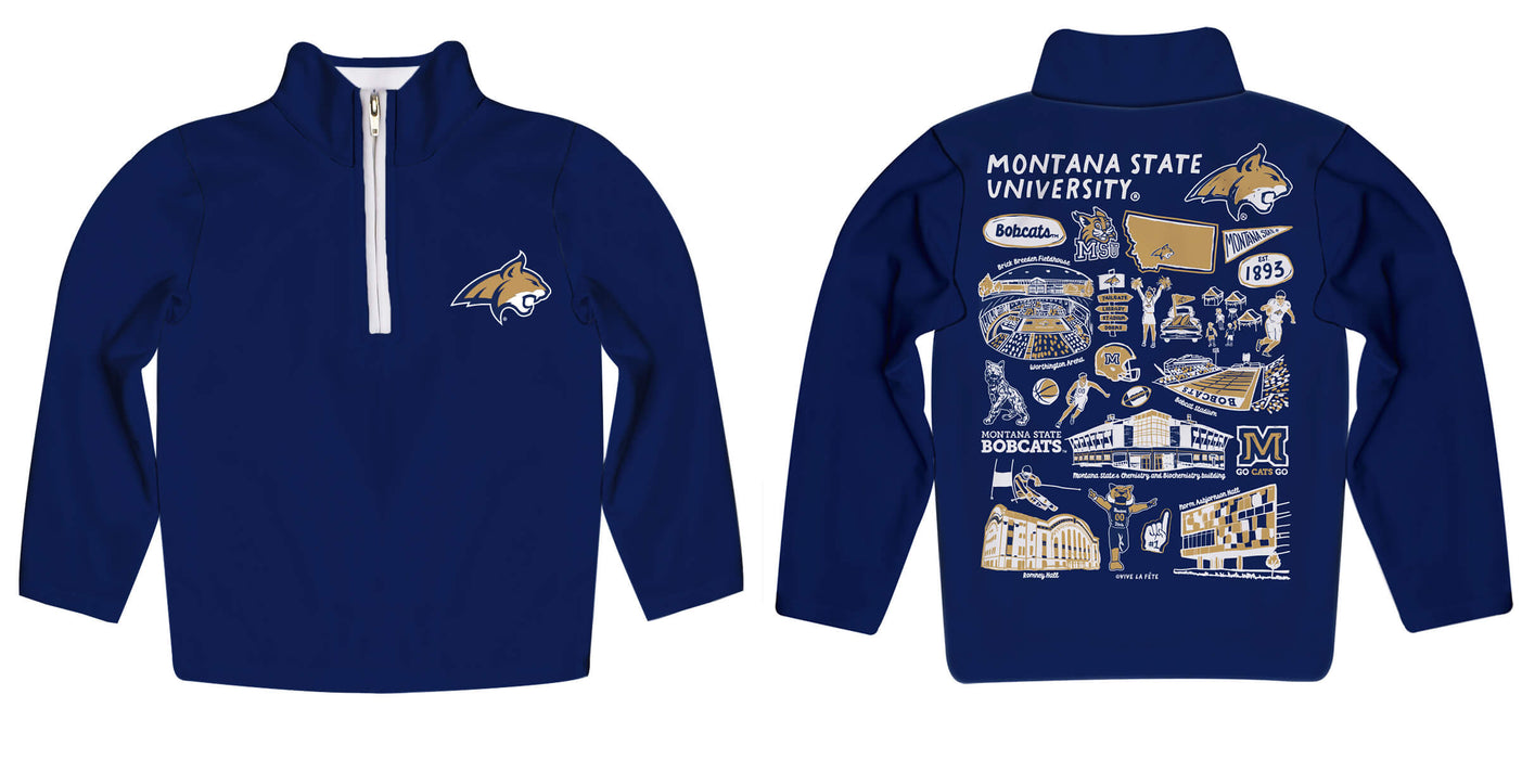 Montana State Bobcats MSU Hand Sketched Vive La Fete Impressions Artwork  Blue Boys Quarter Zip Pullover V1