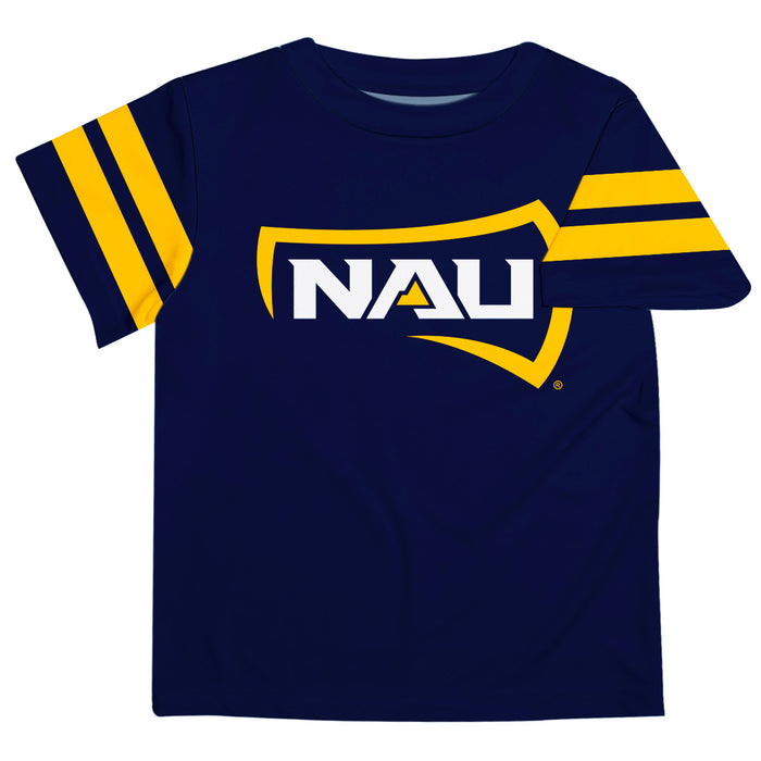 Northern Arizona Lumberjacks Vive La Fete Boys Game Day Navy Short Sleeve Tee with Stripes on Sleeves