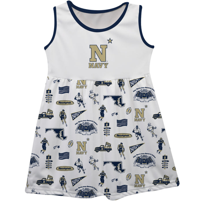 US Naval Academy Midshipmen Sleeveless Tank Dress Girls White Repeat Print Hand Sketched Vive La Fete Impressions