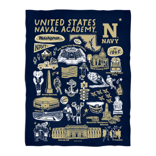 US Naval Academy Midshipmen Navy Hand Sketched Vive La Fete Impressions Artwork Plush Soft Minky Blanket 36 x 48