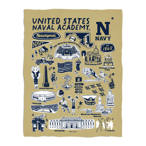 US Naval Academy Midshipmen Gold Hand Sketched Vive La Fete Impressions Artwork Plush Soft Minky Blanket 36 x 48