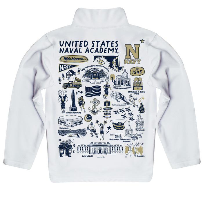 US Naval Academy Midshipmen Hand Sketched Vive La Fete Impressions Artwork White Boys Quarter Zip Pullover V1