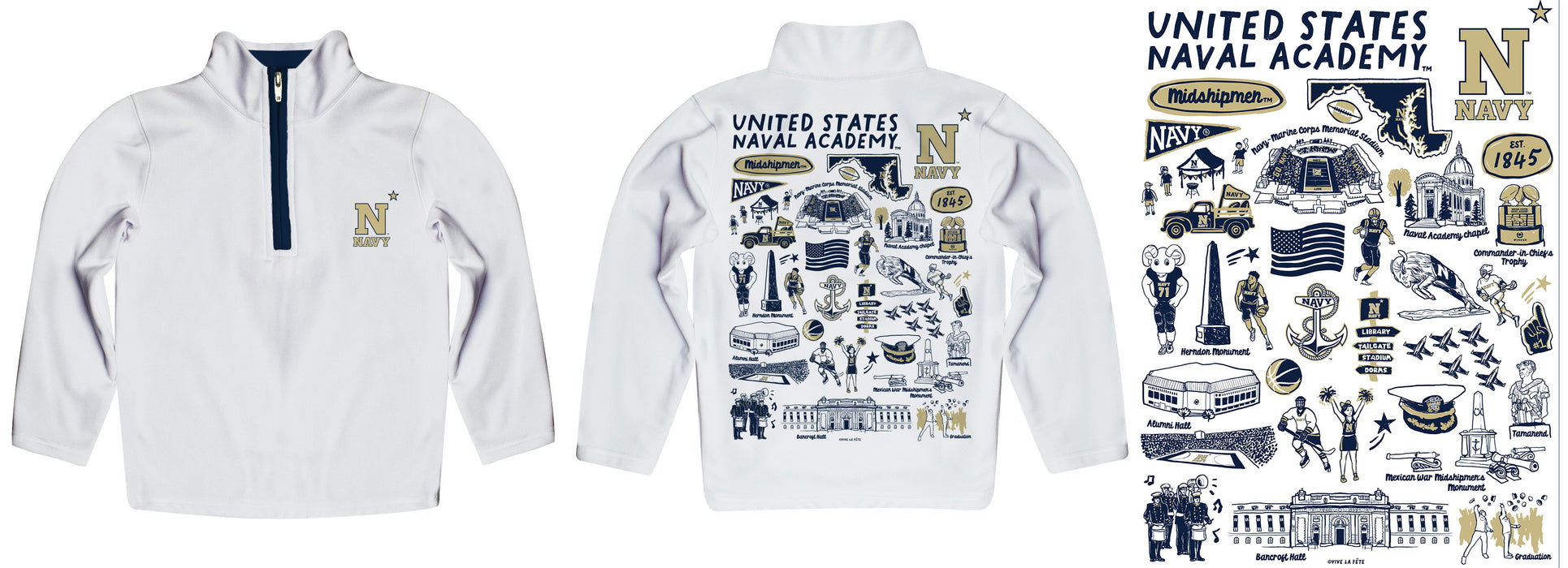 US Naval Academy Midshipmen Hand Sketched Vive La Fete Impressions Artwork White Boys Quarter Zip Pullover V1