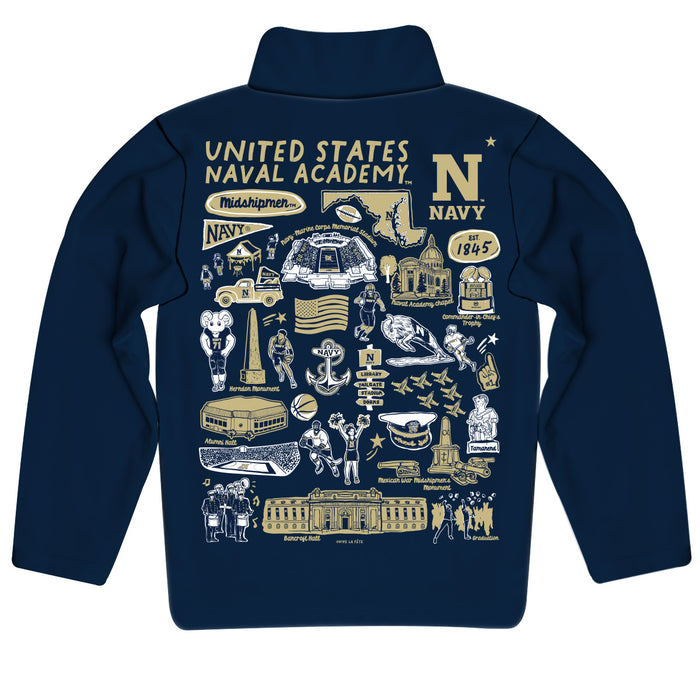 US Naval Academy Midshipmen Hand Sketched Vive La Fete Impressions Artwork NavyBlack Quarter Zip Pullover V1