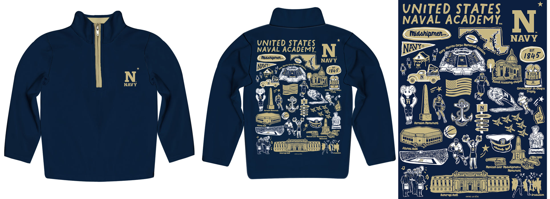 US Naval Academy Midshipmen Hand Sketched Vive La Fete Impressions Artwork NavyBlack Quarter Zip Pullover V1