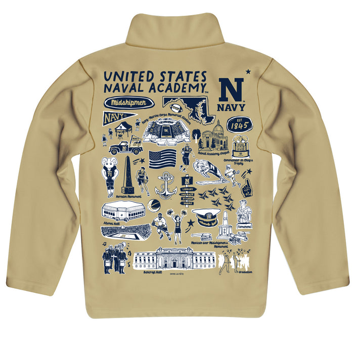 US Naval Academy Midshipmen Hand Sketched Vive La Fete Impressions Artwork Gold Quarter Zip Pullover V1