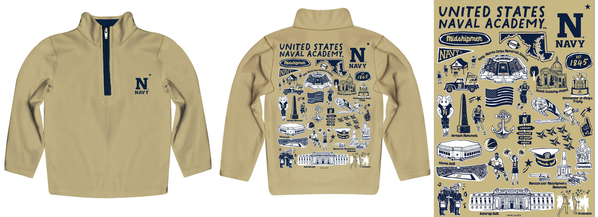 US Naval Academy Midshipmen Hand Sketched Vive La Fete Impressions Artwork Gold Quarter Zip Pullover V1