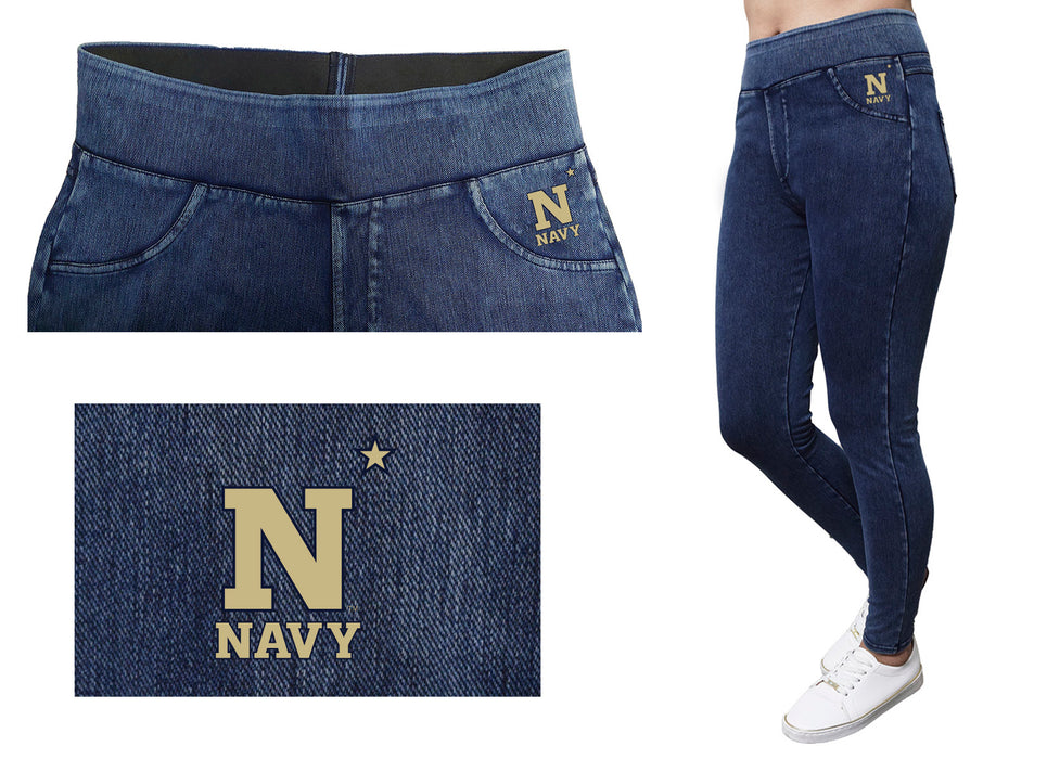 US Naval Academy Midshipmen Vive La Fete Game Day Collegiate Logo on Fake Pocket Women Navy Jeggings